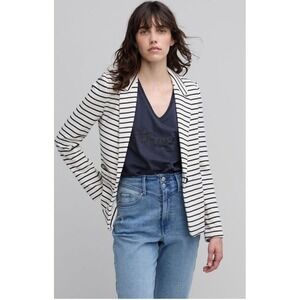IKKS Women Striped Fitted Suit Jacket Blanc Casse Sailor French Navy/Off White